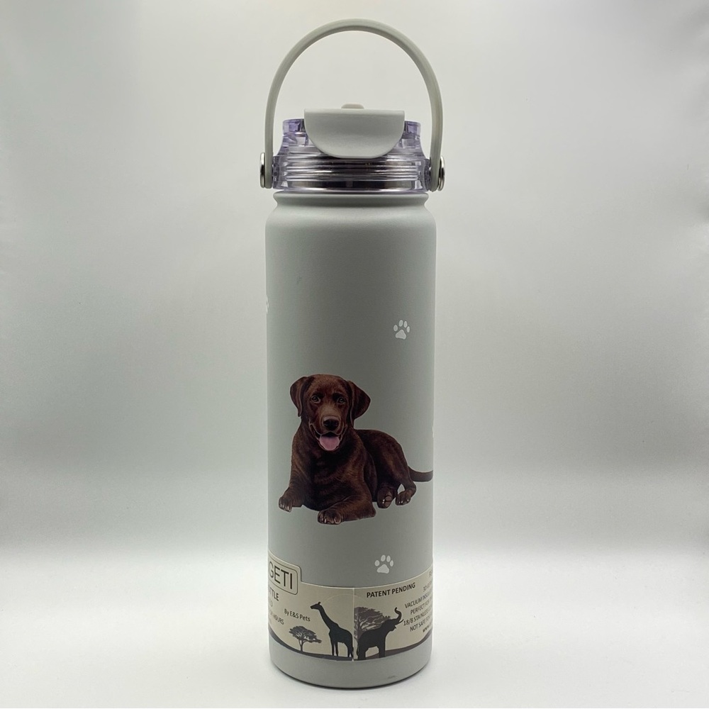 E&S Pets Serengeti Water Bottle w/ Chocolate Lab Dog Stainless Spill Proof NEW